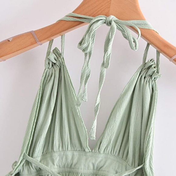 Bohemian Mint Green Backless V Halter Swiss Dot Mini Layered Dress - Picture 6 of 11